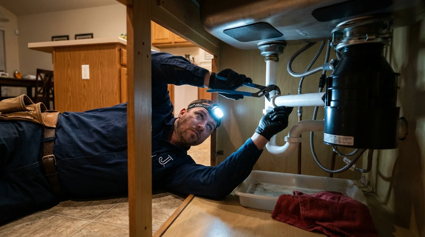 P-trap and supply line connections under a kitchen sink showing a common leak point in Sun Valley, ID